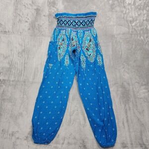 Lofbaz Pants Womens L Blue Paisley Harem Boho Elastic Waist Lightweight Casual